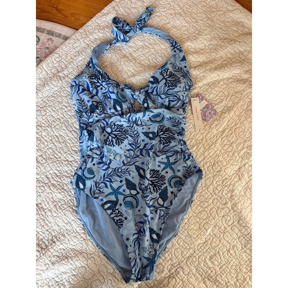 Stella Parker Blue Shore Nautical Shell One Piece Tummy Toner Swimsuit XL‎